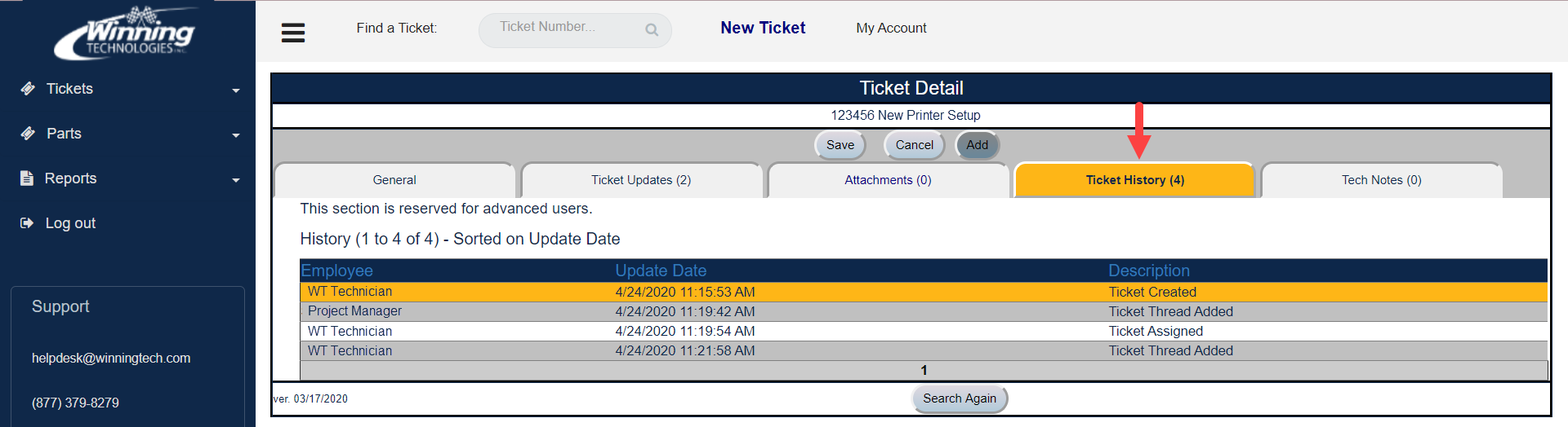 Service Ticket History Tracking