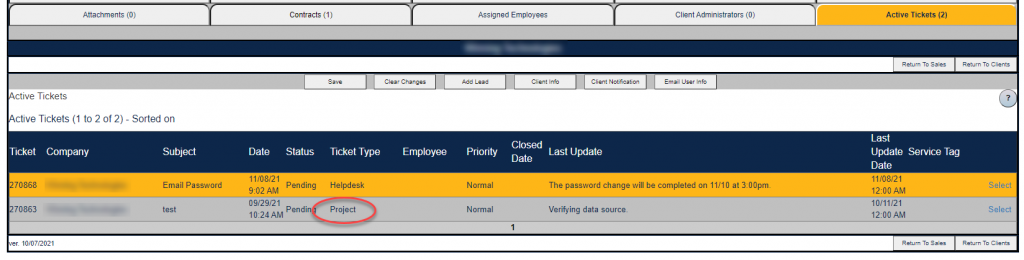 client management project ticket management